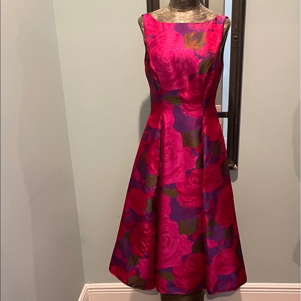 Adrianna Papell Magenta Floral Midi Jacquard Dress